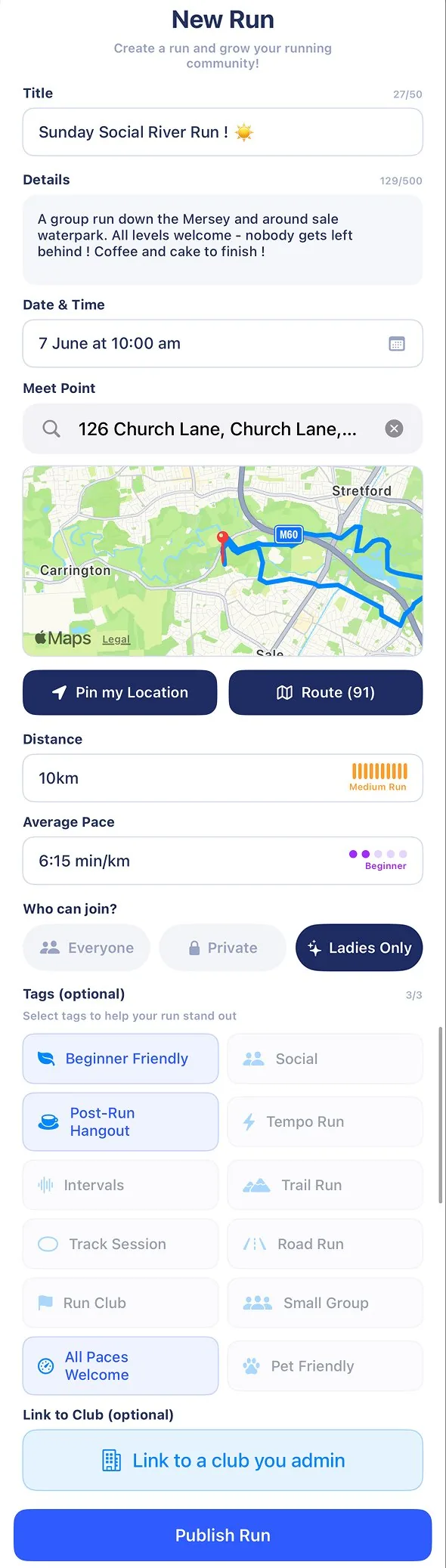 RunPal create a run screen