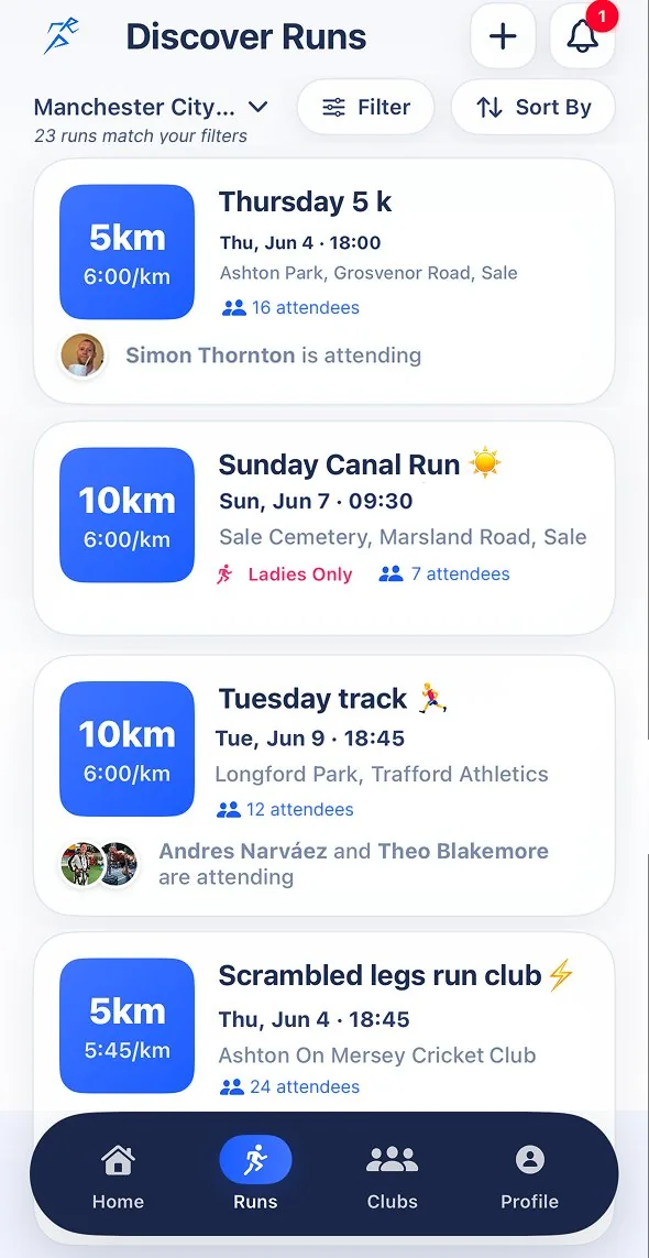 RunPal Discover Runs screen