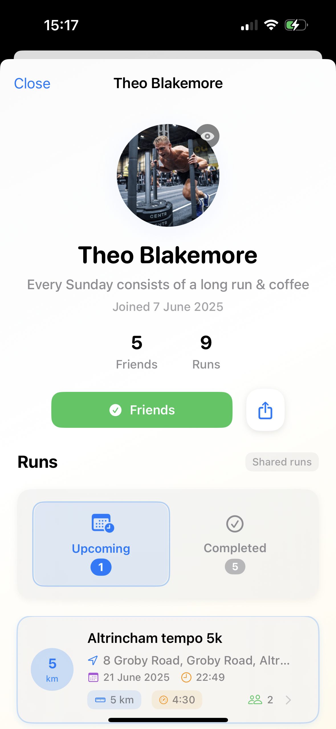 User profile showing running activity